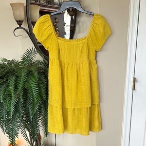 RTR NOW Mustard Gold Babydoll Dress Empire Short Sleeve Lined Tiered Mini